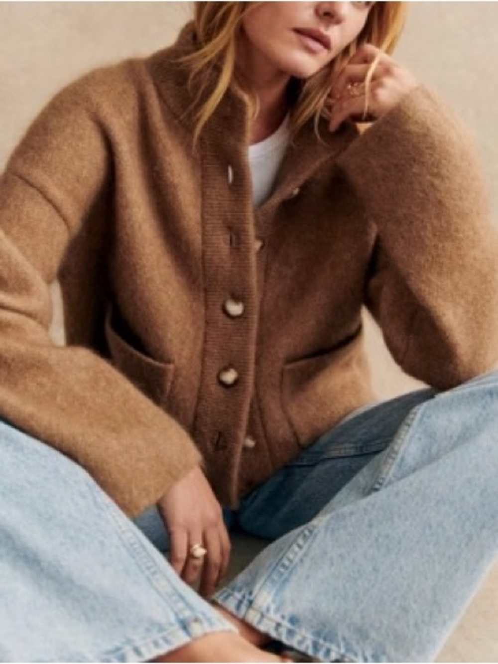Sézane Camel Mohair Wool Blend Button-Front Sweater Thais Jacket - Picture 2 of 5
